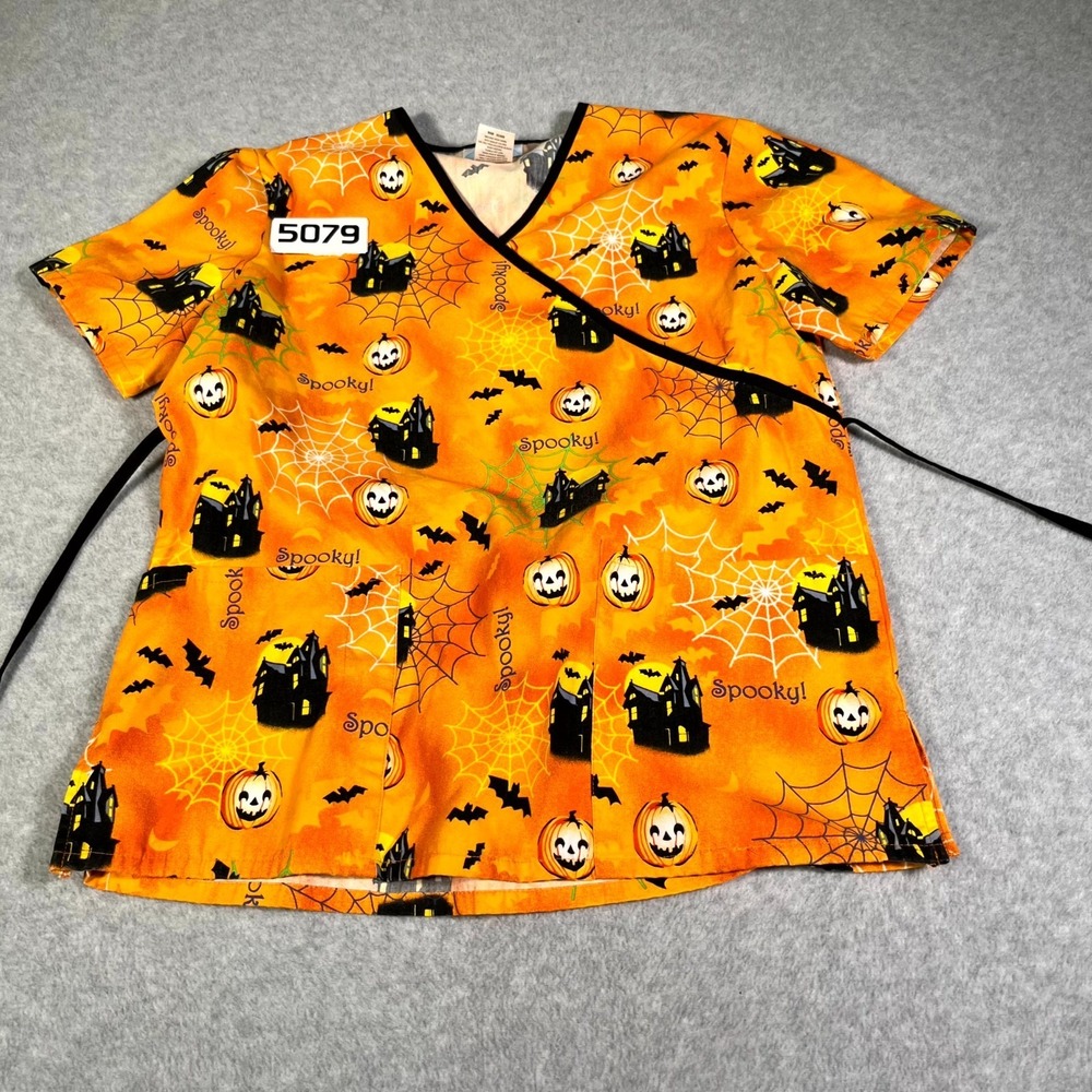 SB‎ Scrubs Wrap Top Womens Small Orange Halloween Pumpkin Spider Spooky Nursing